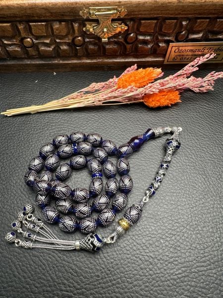 Gümüş  İşlemeli Ateş Kehribar Tesbih