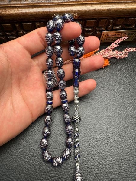 Gümüş  İşlemeli Ateş Kehribar Tesbih