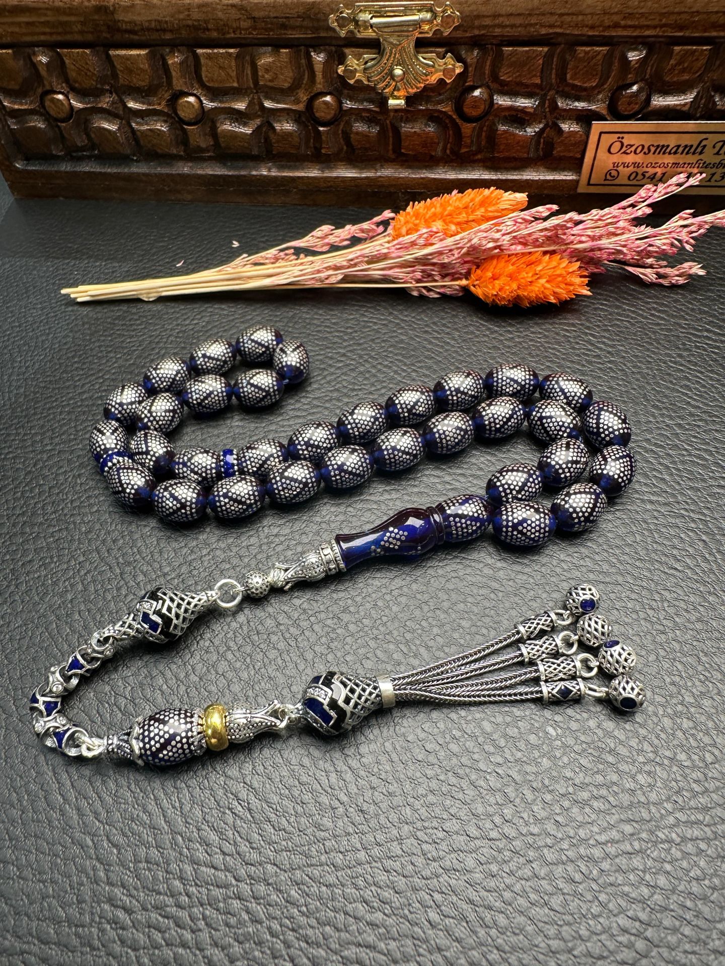 Gümüş  İşlemeli Ateş Kehribar Tesbih