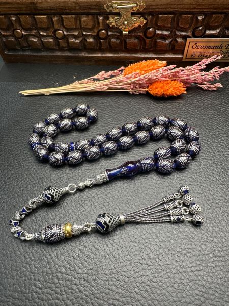 Gümüş  İşlemeli Ateş Kehribar Tesbih