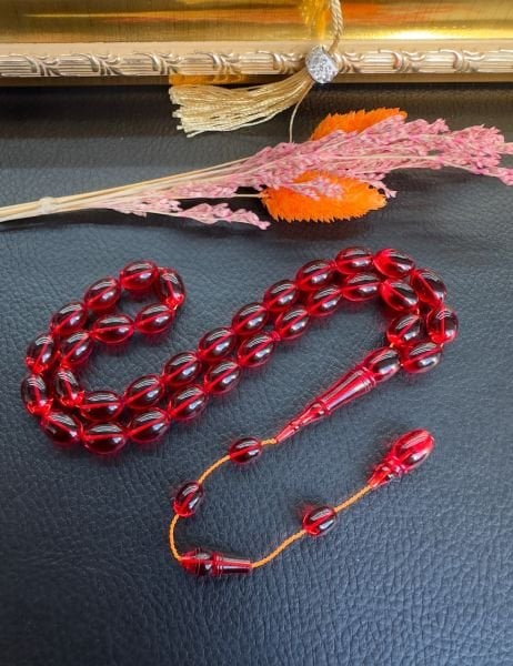 Beyzi Model Kırmızı Renk Yeni Zar Kehribar Tesbih