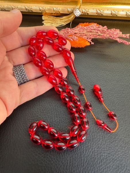Beyzi Model Kırmızı Renk Yeni Zar Kehribar Tesbih