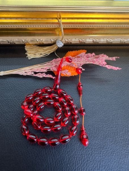 Beyzi Model Kırmızı Renk Yeni Zar Kehribar Tesbih