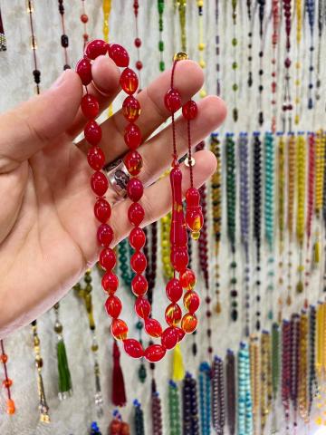 Beyzi Model Kırmızı Renk Sarı Hareli Ateşi Sıkma Kehribar Tesbih