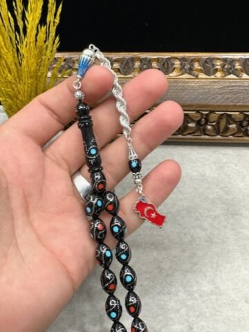 Beyzi Model Gümüş Kırmızı Ve Mavi Mine İşlemeli Kuka Tesbih