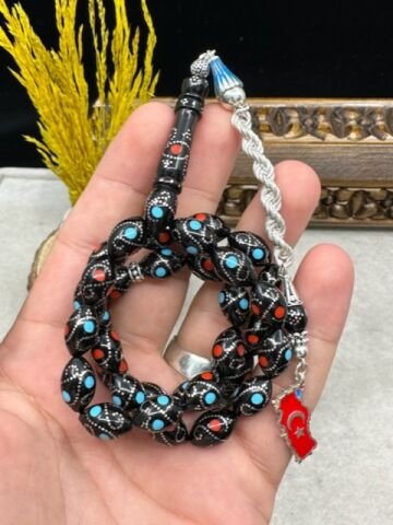 Beyzi Model Gümüş Kırmızı Ve Mavi Mine İşlemeli Kuka Tesbih