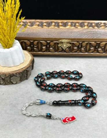 Beyzi Model Gümüş Kırmızı Ve Mavi Mine İşlemeli Kuka Tesbih