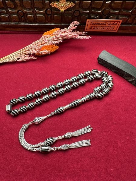 Uçlu Kapsül Model Gümüş Yarma İşlemeli Erzurum Oltu Taşı Tesbih