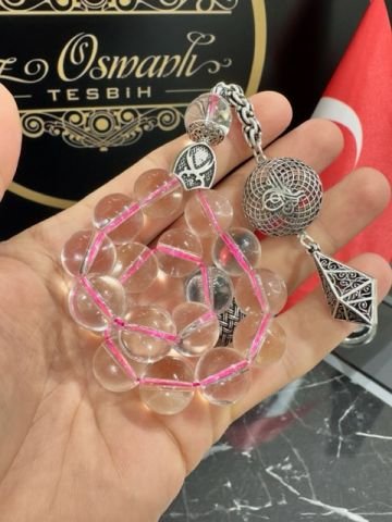 Küre Model Kuvars Taşı Pembe İp Geçişli Doğal Taş Tesbih