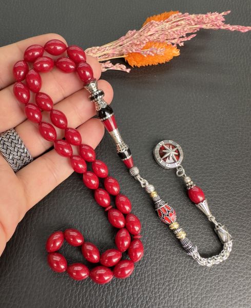 Beyzi Model Nakkaş İmame Kırmızı Sıkma Kehribar Tesbih