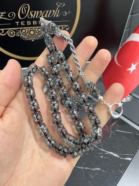 Kesme Model Gümüş İşlemeli Ateş Kehribar Tesbih