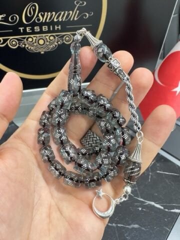 Kesme Model Gümüş İşlemeli Ateş Kehribar Tesbih