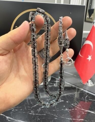 Kesme Model Gümüş İşlemeli Ateş Kehribar Tesbih