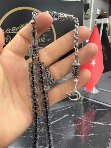 Kesme Model Gümüş İşlemeli Ateş Kehribar Tesbih
