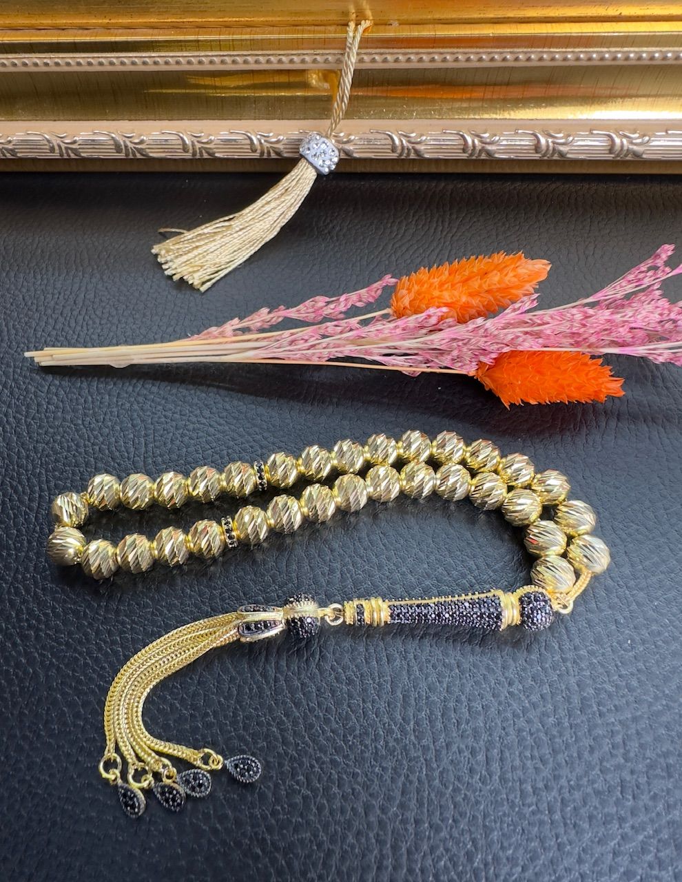 Küre Model Özel Kalem İşçilikli Altın Yaldız Kaplama Gümüş Tesbih