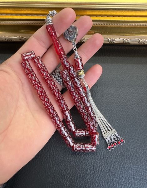 Kesme Model İşlemeli Ateş Kehribar Tesbih