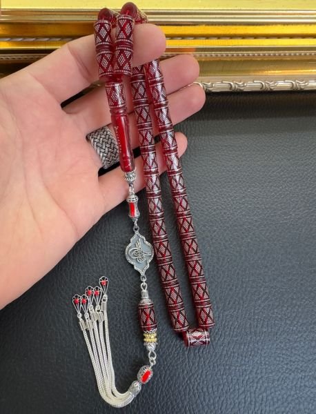 Kesme Model İşlemeli Ateş Kehribar Tesbih