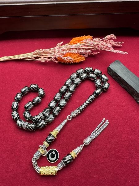 Kapsül Model Gümüş İşlemeli Erzurum Oltu Taşı Tesbih