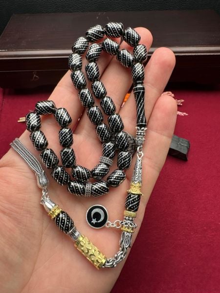 Kapsül Model Gümüş İşlemeli Erzurum Oltu Taşı Tesbih