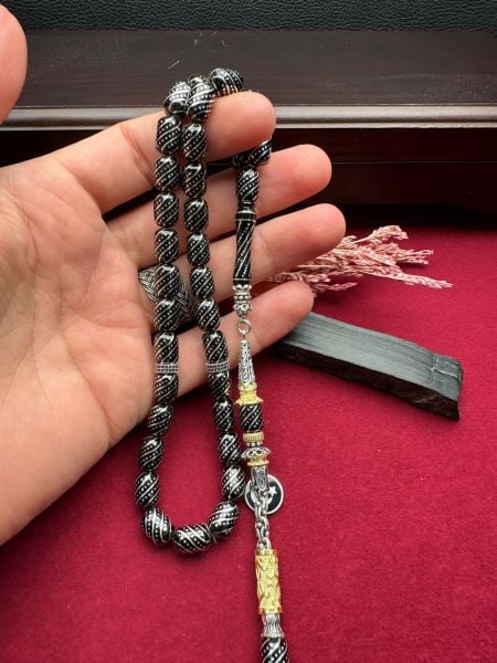 Kapsül Model Gümüş İşlemeli Erzurum Oltu Taşı Tesbih