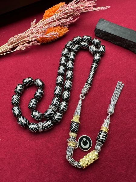 Kapsül Model Gümüş İşlemeli Erzurum Oltu Taşı Tesbih