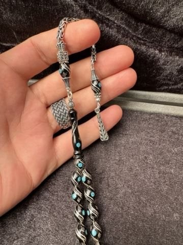Beyzi Model Firuze Ve Gümüş İşleme Oltu Taşı Tesbih
