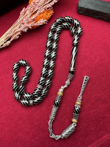 Kapsül Model Gümüş İşlemeli Erzurum Oltu Taşı Tesbih