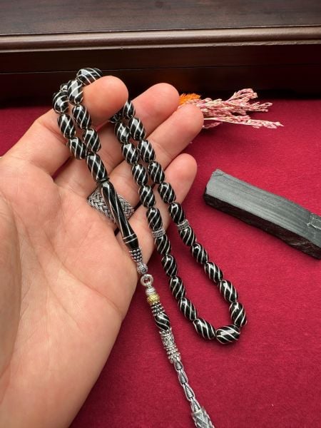 Kapsül Model Gümüş İşlemeli Erzurum Oltu Taşı Tesbih