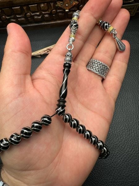 Küre Model Gümüş Yarma İşlemeli Erzurum Oltu Taşı Tesbih