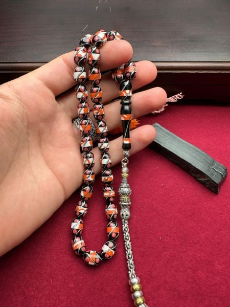 Kapsül Model Gümüş ve Galalit İşlemeli Oltu Taşı Tesbih