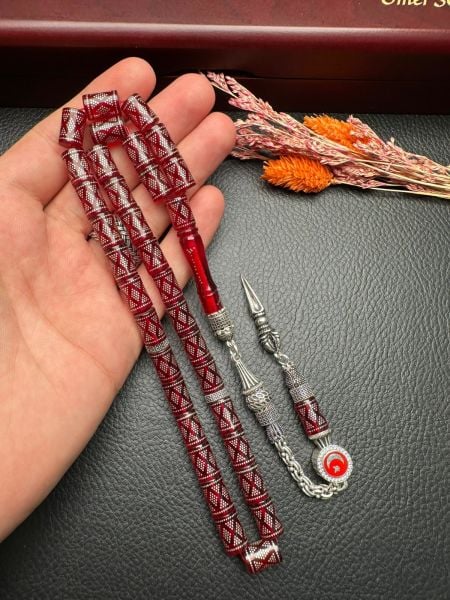 Kesme Model Gümüş İşlemeli Ateş Kehribar Tesbih