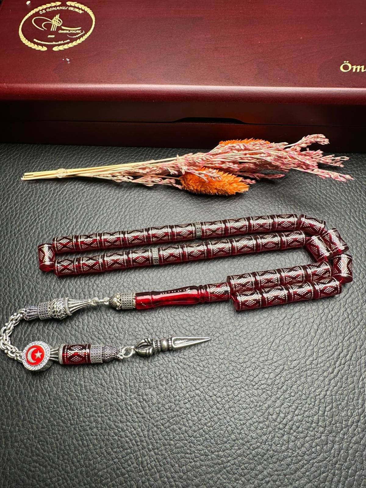 Kesme Model Gümüş İşlemeli Ateş Kehribar Tesbih