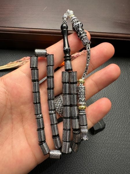 Kesme Model Gümüş İşlemeli Erzurum Oltu Taşı Tesbih