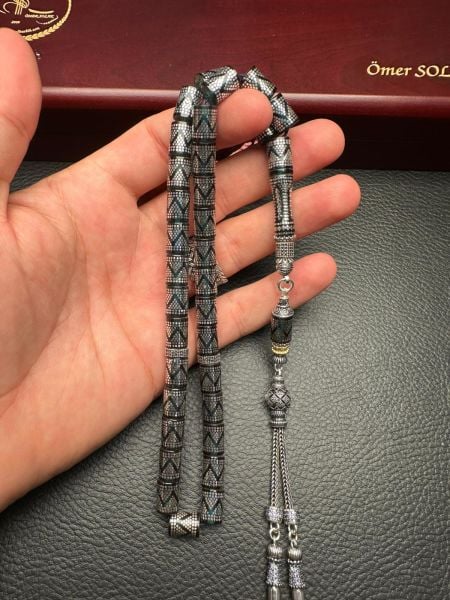 Kesme Model Gümüş İşlemeli Ateş Kehribar Tesbih