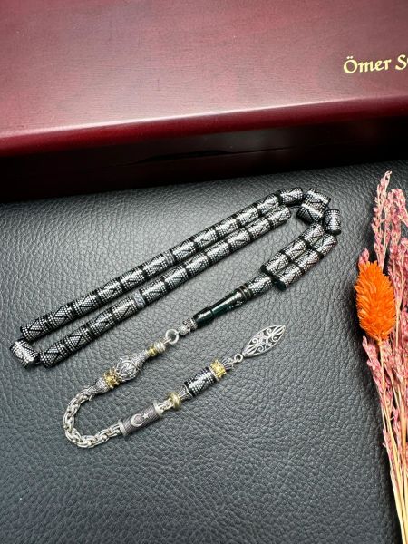 Kesme Model Gümüş İşlemeli Ateş Kehribar Tesbih