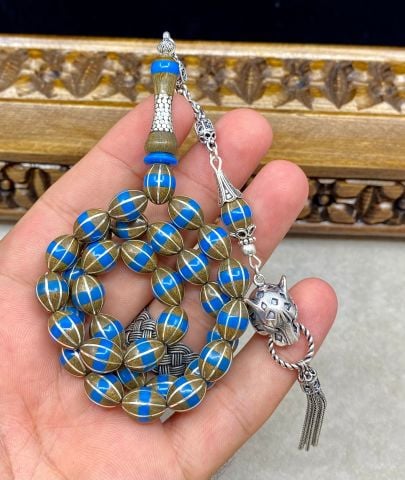 Beyzi Model 925 Ayar Gümüş ve Katalin İşleme Yeşil Pelesenk Tesbih