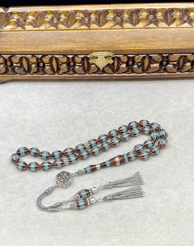 Beyzi Model 925 Ayar Gümüş ve Katalin İşleme Kahverengi Pelesenk Tesbih