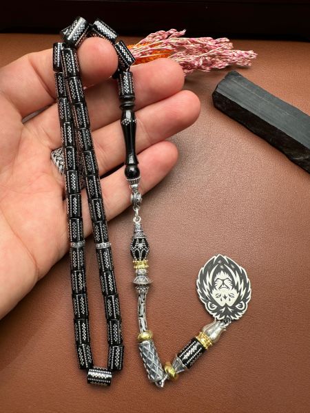 Kesme Model Gümüş İşlemeli Erzurum Oltu Taşı Tesbih