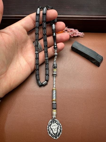 Kesme Model Gümüş İşlemeli Erzurum Oltu Taşı Tesbih