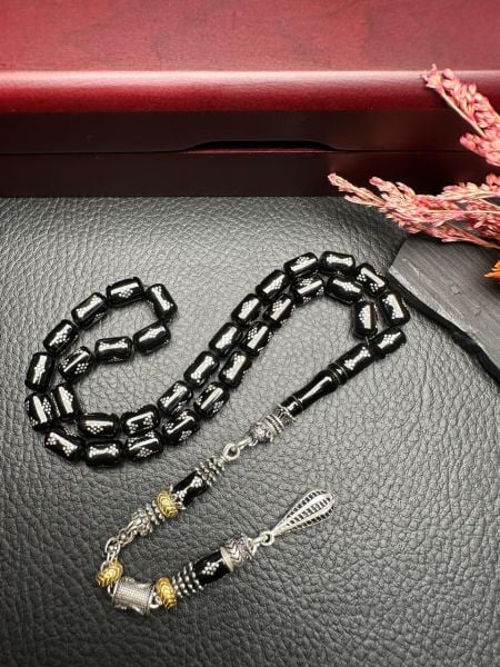 Kapsül Model Gümüş  İşlemeli Erzurum Oltu Taşı Tesbih