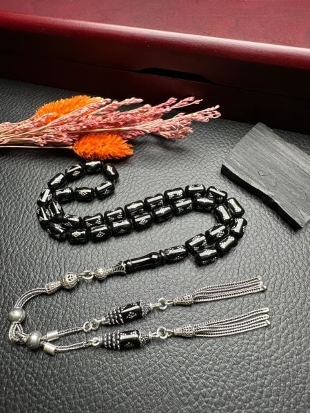 Gümüş  İşlemeli Erzurum Oltu Taşı Tesbih