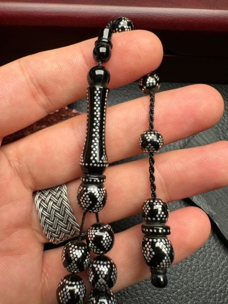 Piramit Gümüş İşlemeli Erzurum Oltu Taşı Tesbih