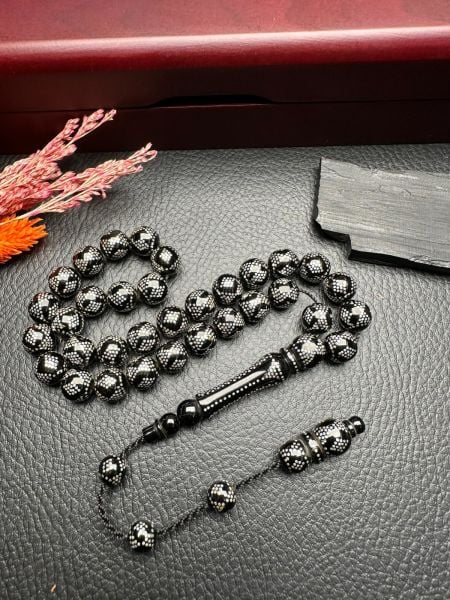 Piramit Gümüş İşlemeli Erzurum Oltu Taşı Tesbih