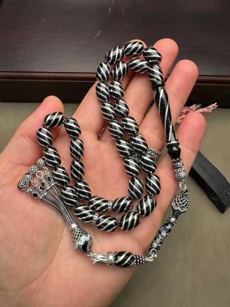 Kapsül Model Gümüş  Yarma İşlemeli Erzurum Oltu Taşı Tesbih