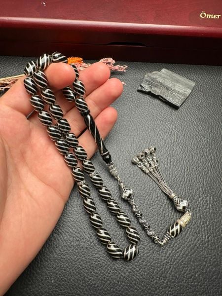 Kapsül Model Gümüş  Yarma İşlemeli Erzurum Oltu Taşı Tesbih