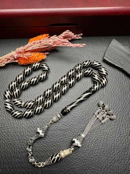 Kapsül Model Gümüş  Yarma İşlemeli Erzurum Oltu Taşı Tesbih