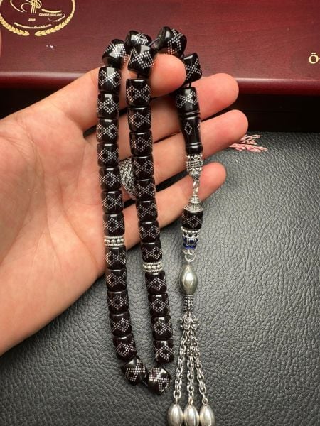 Gümüş İşlemeli Ateş Kehribar Tesbih