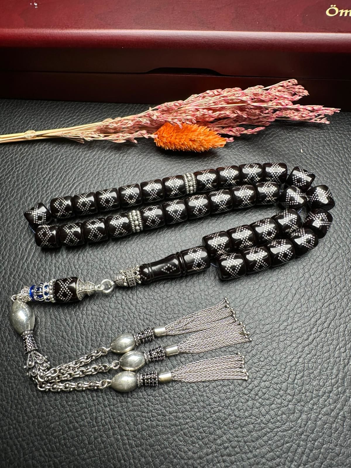 Gümüş İşlemeli Ateş Kehribar Tesbih