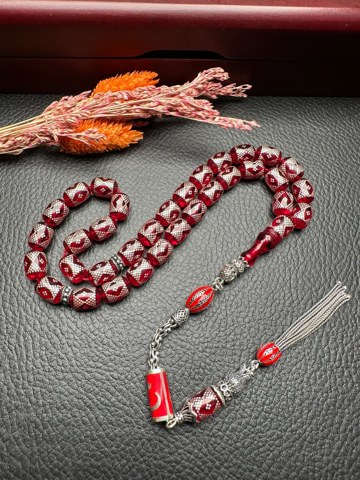 Gümüş İşlemeli Ateş Kehribar Tesbih