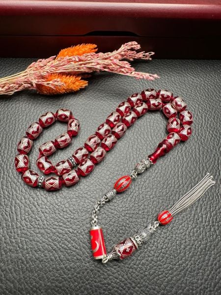 Gümüş İşlemeli Ateş Kehribar Tesbih